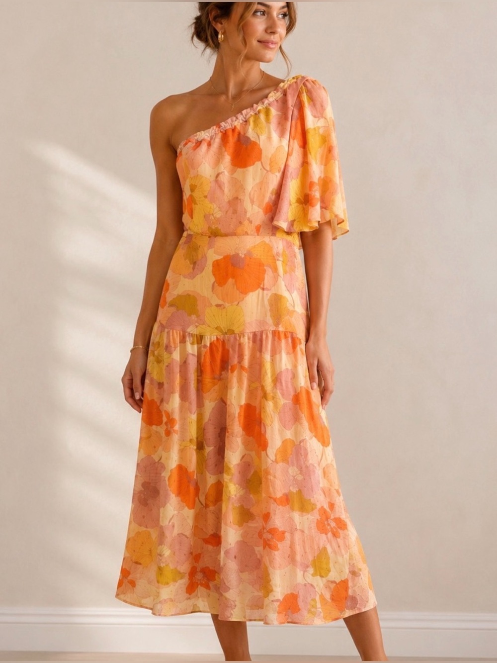Taylor Asymmetrical One Shoulder Orange Floral Chiffon Midi Dress, Size 10